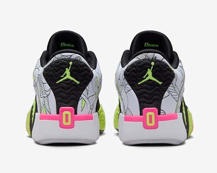 Rear view of Jayson Tatum's white, black, and green Jordan Brand sneakers.